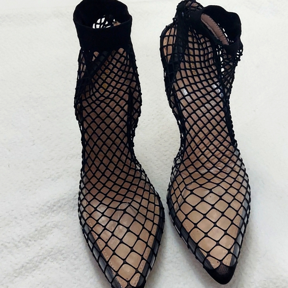 PLT Black Fishnet Slingback Pointed Toe Heels